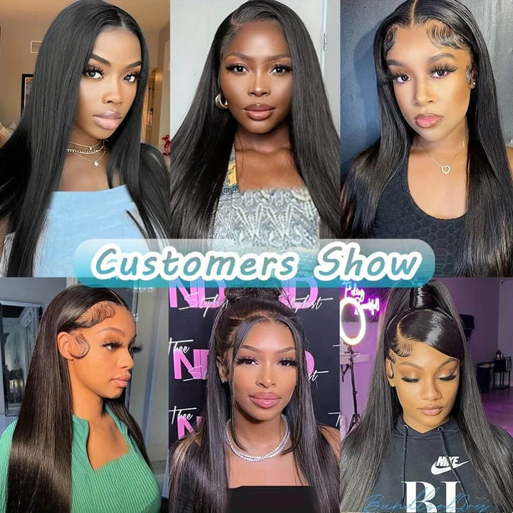 Collage of women wearing wigs with text 'Customers Show' in the center. Buy HD Clear 13x4 13x6 Lace Front Wigs - 100% Human Hair HD Clear 13x4 13x6 Straight Lace Front Wig Brazilian Pre-Plucked Lace Frontal Wigs Made with 100% Human Hair for Women 4x4 5x5 Wig