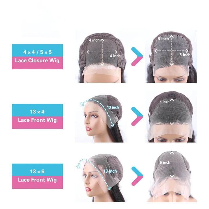 Comparison chart of lace closure and lace front wigs with measurements on mannequin heads. Buy HD Clear 13x4 13x6 Lace Front Wigs - 100% Human Hair HD Clear 13x4 13x6 Straight Lace Front Wig Brazilian Pre-Plucked Lace Frontal Wigs Made with 100% Human Hair for Women 4x4 5x5 Wig