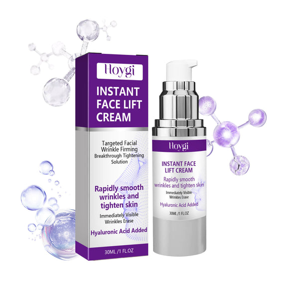 Hloygi Instant Face Lift Cream packaging and bottle on a white background Hoygi Facial Lifting Cream for Fine Lines & Hydration Hoygi Facial Lifting and Firming Cream Reduces Fine Lines and Nasolabial Folds Soothing and Nourishing Cream for Hydration