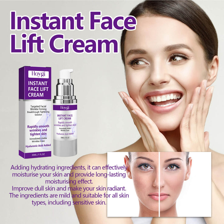 Advertisement for Hloygi Instant Face Lift Cream with a woman showing her smooth skin. Hoygi Facial Lifting Cream for Fine Lines & Hydration Hoygi Facial Lifting and Firming Cream Reduces Fine Lines and Nasolabial Folds Soothing and Nourishing Cream for Hydration