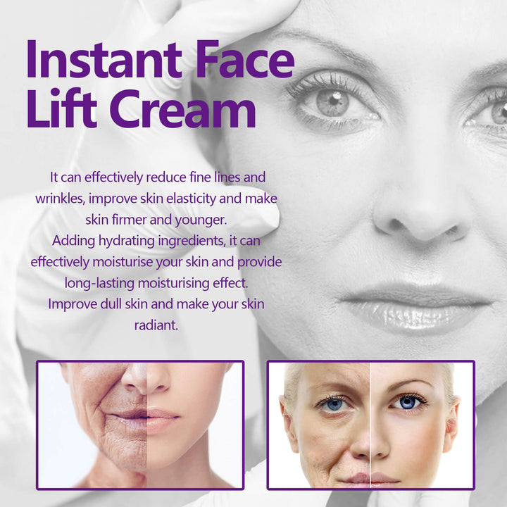 Advertisement for Instant Face Lift Cream with before and after effects on skin. Hoygi Facial Lifting Cream for Fine Lines & Hydration Hoygi Facial Lifting and Firming Cream Reduces Fine Lines and Nasolabial Folds Soothing and Nourishing Cream for Hydration