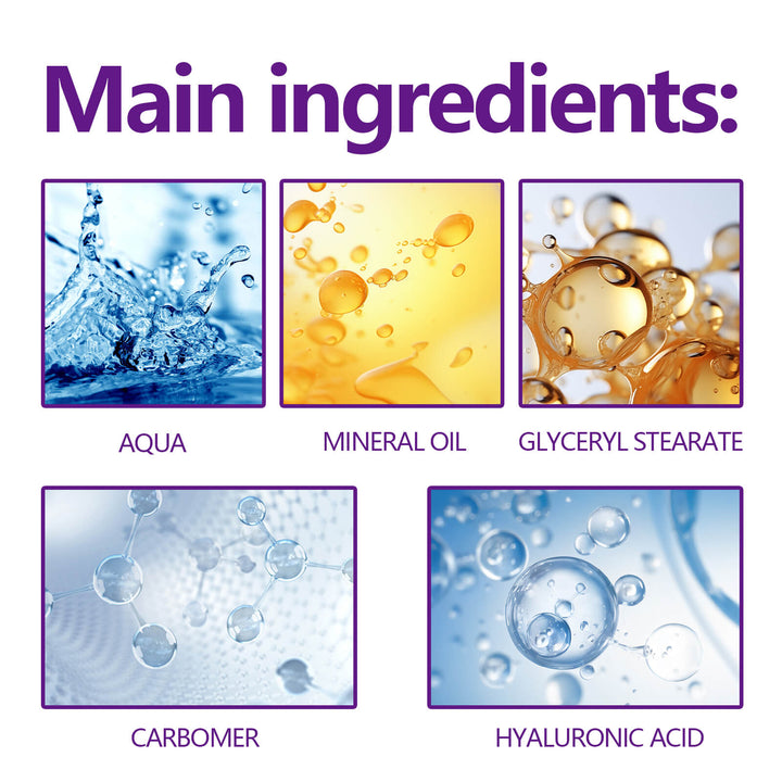 List of main ingredients with corresponding images and labels on a white background Hoygi Facial Lifting Cream for Fine Lines & Hydration Hoygi Facial Lifting and Firming Cream Reduces Fine Lines and Nasolabial Folds Soothing and Nourishing Cream for Hydration