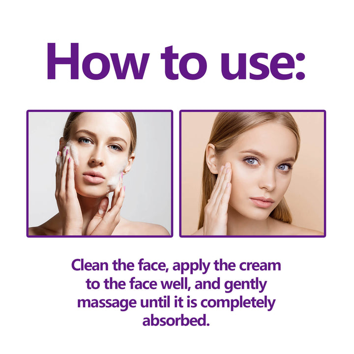 Instructions on how to use a facial product with two images of a woman applying cream. Hoygi Facial Lifting Cream for Fine Lines & Hydration Hoygi Facial Lifting and Firming Cream Reduces Fine Lines and Nasolabial Folds Soothing and Nourishing Cream for Hydration
