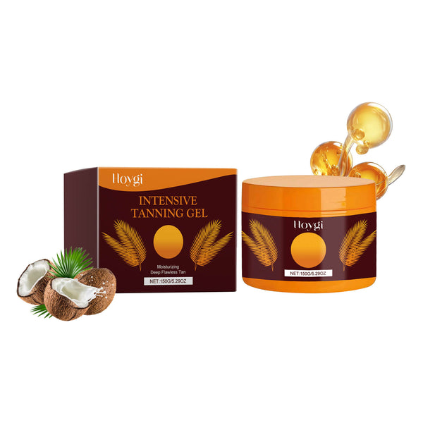 Tanning gel jar with open lid, packaging, and coconut illustrations on a white background Hoygi Strong Tanning Gel for a Summer Glow Hoygi Strong Tanning Gel for Summer Beach Sunbathing Assists in Achieving a Bronze Wheat Tone While Hydrating the Skin