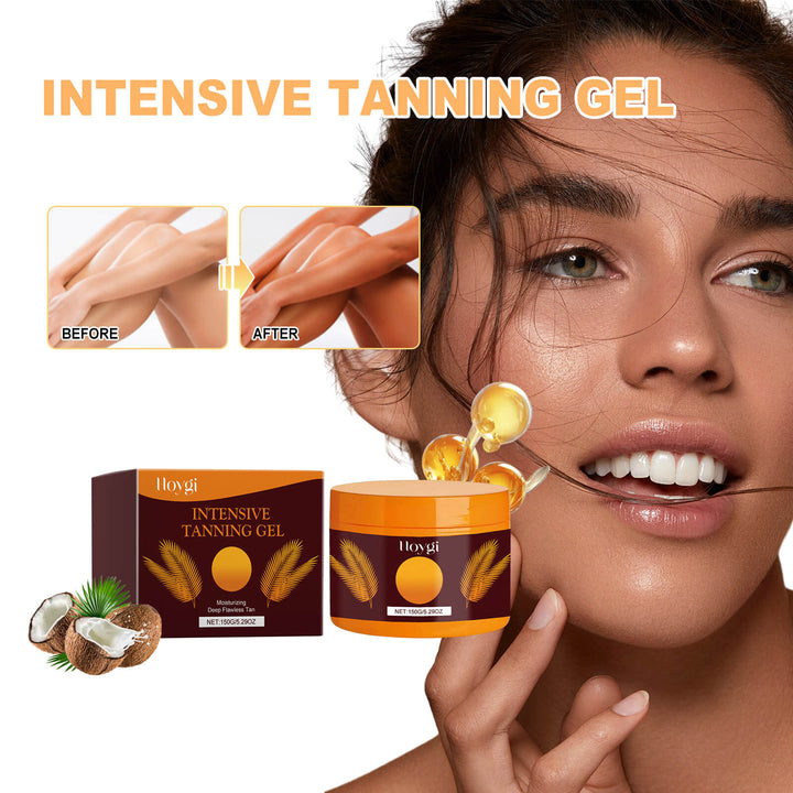 Intensive tanning gel packaging with a woman's face showing tanned skin, before and after comparison, and coconut graphics. Hoygi Strong Tanning Gel for a Summer Glow Hoygi Strong Tanning Gel for Summer Beach Sunbathing Assists in Achieving a Bronze Wheat Tone While Hydrating the Skin