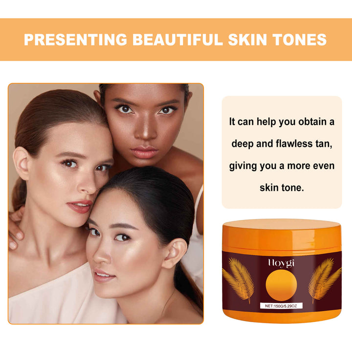 Three women with different skin tones and a Hoygi product container on a beige background. Hoygi Strong Tanning Gel for a Summer Glow Hoygi Strong Tanning Gel for Summer Beach Sunbathing Assists in Achieving a Bronze Wheat Tone While Hydrating the Skin