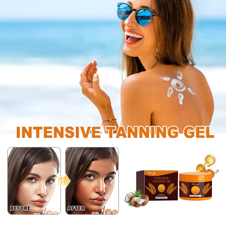 Woman applying intensive tanning gel with beach background, showing before and after effects. Hoygi Strong Tanning Gel for a Summer Glow Hoygi Strong Tanning Gel for Summer Beach Sunbathing Assists in Achieving a Bronze Wheat Tone While Hydrating the Skin
