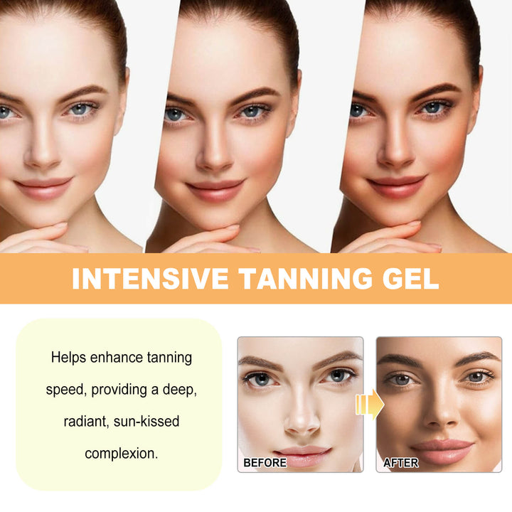 Advertisement for intensive tanning gel showing a woman's face with before and after effects. Hoygi Strong Tanning Gel for a Summer Glow Hoygi Strong Tanning Gel for Summer Beach Sunbathing Assists in Achieving a Bronze Wheat Tone While Hydrating the Skin