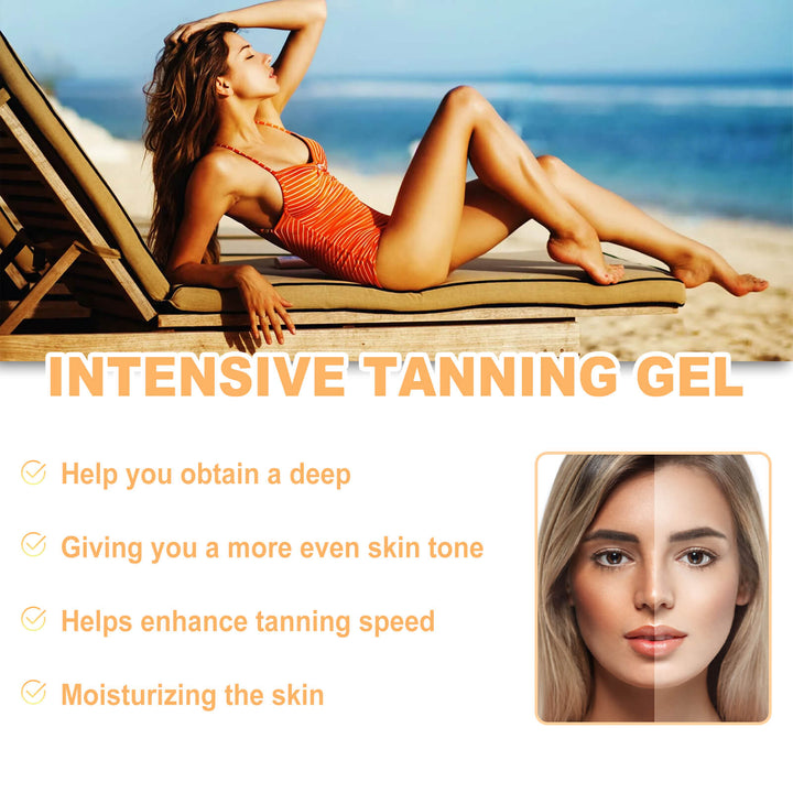 Woman sunbathing on a beach with promotional text for intensive tanning gel. Hoygi Strong Tanning Gel for a Summer Glow Hoygi Strong Tanning Gel for Summer Beach Sunbathing Assists in Achieving a Bronze Wheat Tone While Hydrating the Skin