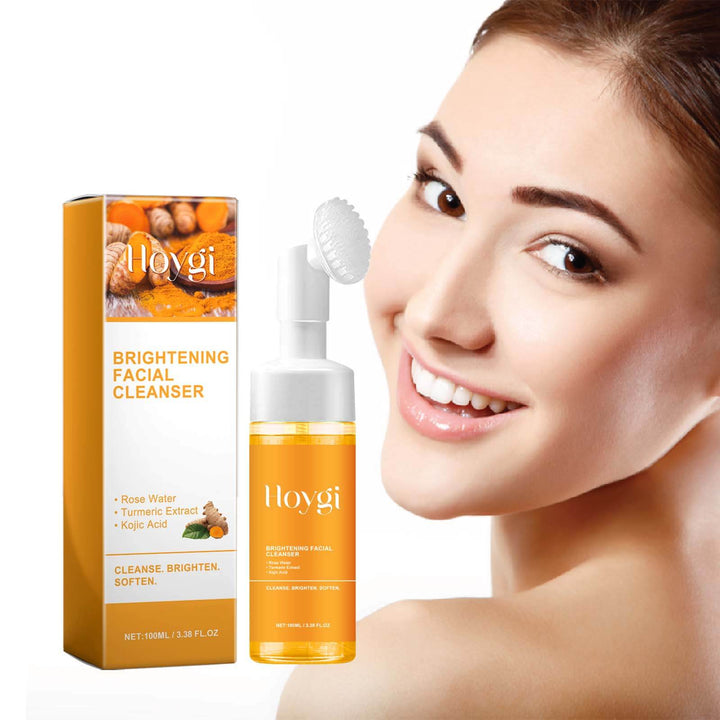 Hoygi brightening facial cleanser with packaging and a model showing clean skin. Hoygi Turmeric Cleanser: Clear Skin & Diminish Acne Scars Hoygi Turmeric Cleanser Thoroughly Cleans the Face, Diminishes Acne Scars, Hydrates, Lightens, and Enhances the Appearance of the Skin