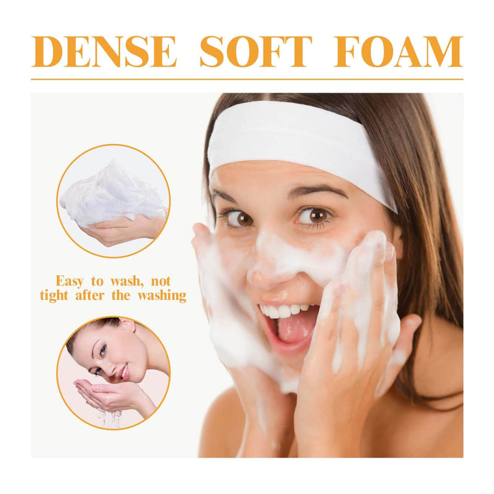 Woman applying dense soft foam to her face with text highlighting its properties. Hoygi Turmeric Cleanser: Clear Skin & Diminish Acne Scars Hoygi Turmeric Cleanser Thoroughly Cleans the Face, Diminishes Acne Scars, Hydrates, Lightens, and Enhances the Appearance of the Skin