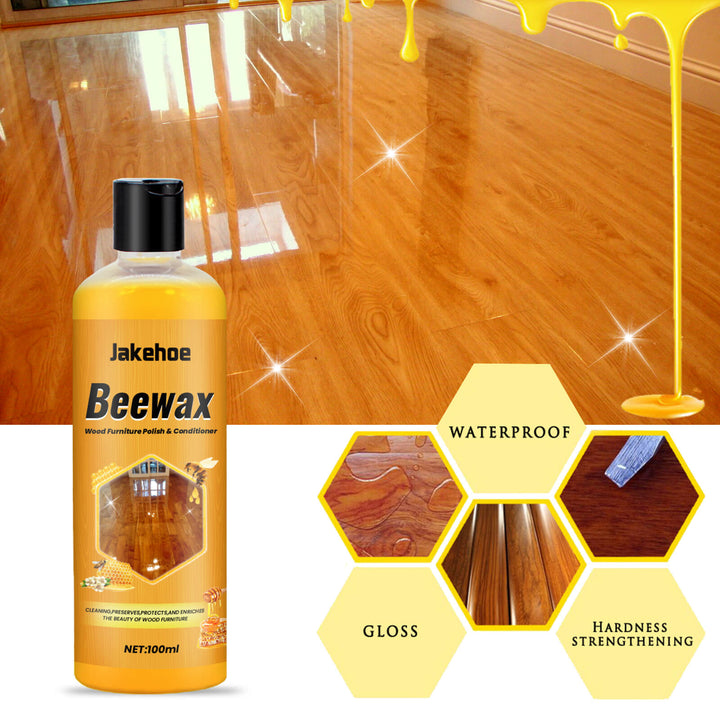 Bottle of Jakehoe Beewax with wooden surface and product benefits displayed Jakehoe Floor Cleaner for Wooden Floors – Shine & Protect Jakehoe Floor Cleaner for Home Wooden Floors Offers Protection, Cleaning, Upkeep, Wax Removal, Dust Elimination, and Shine Enhancement