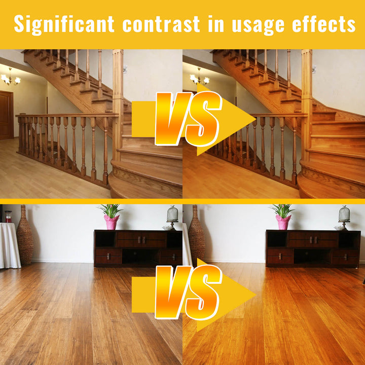 Comparison of wooden staircase and floor with text 'Significant contrast in usage effects' and 'VS'. Jakehoe Floor Cleaner for Wooden Floors – Shine & Protect Jakehoe Floor Cleaner for Home Wooden Floors Offers Protection, Cleaning, Upkeep, Wax Removal, Dust Elimination, and Shine Enhancement
