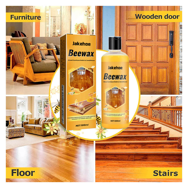 Jakehoe Beewax product with images of furniture, wooden door, floor, and stairs. Jakehoe Floor Cleaner for Wooden Floors – Shine & Protect Jakehoe Floor Cleaner for Home Wooden Floors Offers Protection, Cleaning, Upkeep, Wax Removal, Dust Elimination, and Shine Enhancement