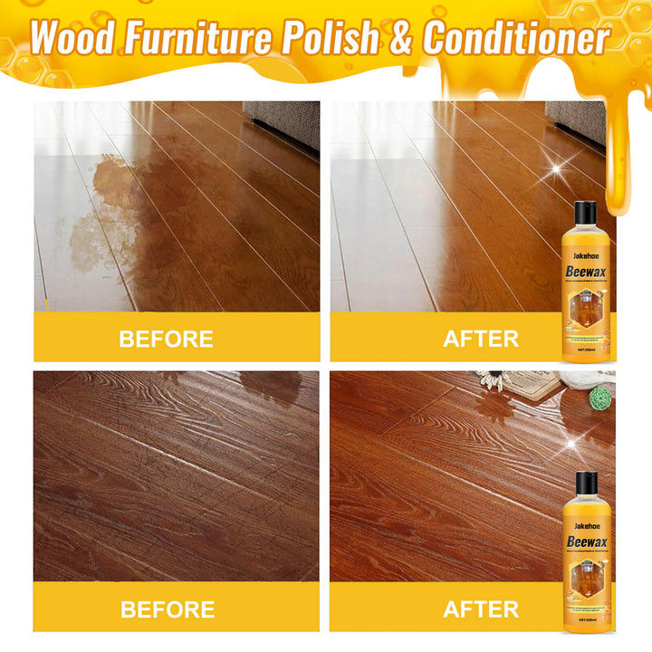 Before and after comparison of wood furniture polish and conditioner with a bottle of the product. Jakehoe Floor Cleaner for Wooden Floors – Shine & Protect Jakehoe Floor Cleaner for Home Wooden Floors Offers Protection, Cleaning, Upkeep, Wax Removal, Dust Elimination, and Shine Enhancement
