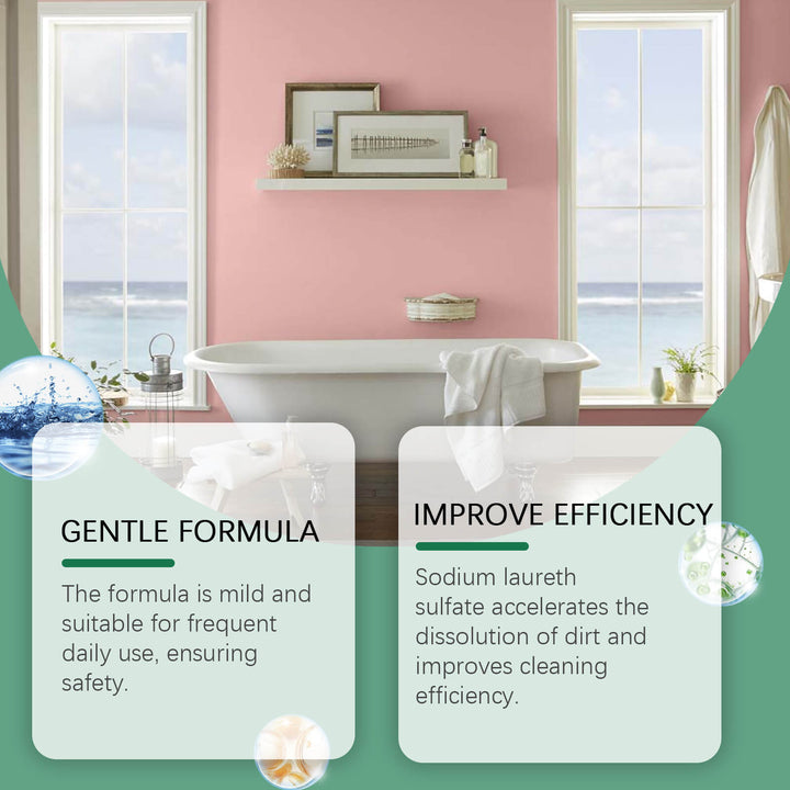 Bathroom interior with pink walls, a bathtub, and decorative elements. Two text boxes highlight product features. Jakehoe Oxalic Acid Cleaner for Stubborn Urine Stains Jakehoe Oxalic Acid Cleaner Bathroom Toilet Cleaning Urine Stain Elimination Cleaner