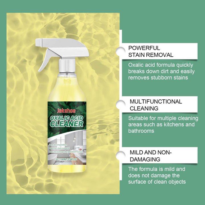Oxalic acid cleaner bottle with features highlighted on a green background Jakehoe Oxalic Acid Cleaner for Stubborn Urine Stains Jakehoe Oxalic Acid Cleaner Bathroom Toilet Cleaning Urine Stain Elimination Cleaner