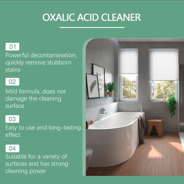 Bathroom with a green background and text about oxalic acid cleaner Jakehoe Oxalic Acid Cleaner for Stubborn Urine Stains Jakehoe Oxalic Acid Cleaner Bathroom Toilet Cleaning Urine Stain Elimination Cleaner