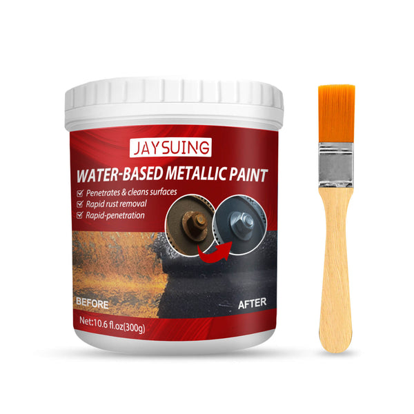 Jaysuing water-based metallic paint container with a brush on a white background Jaysuing Rust-Free Primer: Anti-Rust Metal Paint 100g Jaysuing Rust-Free Primer (100g) Metal Paint Anti-Rust Radiator Anti-Corrosion Transformation Refurbishment Coating Primer Transformation Agent
