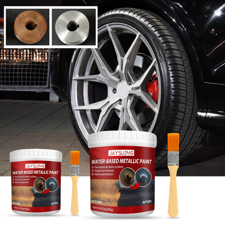 Car wheel with JAYSUING water-based metallic paint cans and brushes on a reflective surface. Jaysuing Rust-Free Primer: Anti-Rust Metal Paint 100g Jaysuing Rust-Free Primer (100g) Metal Paint Anti-Rust Radiator Anti-Corrosion Transformation Refurbishment Coating Primer Transformation Agent