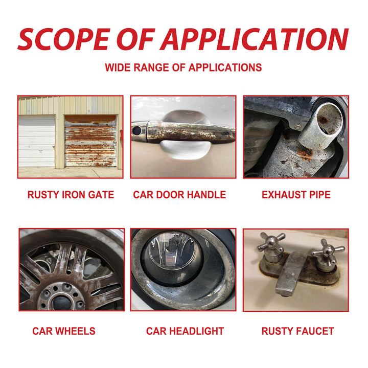 Scope of application for rust removal on various metal surfaces with text 'Wide Range of Applications'. Jaysuing Rust-Free Primer: Anti-Rust Metal Paint 100g Jaysuing Rust-Free Primer (100g) Metal Paint Anti-Rust Radiator Anti-Corrosion Transformation Refurbishment Coating Primer Transformation Agent