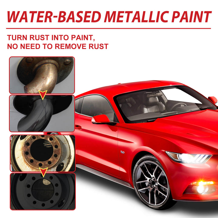 Red car with rust removal process and water-based metallic paint text Jaysuing Rust-Free Primer: Anti-Rust Metal Paint 100g Jaysuing Rust-Free Primer (100g) Metal Paint Anti-Rust Radiator Anti-Corrosion Transformation Refurbishment Coating Primer Transformation Agent
