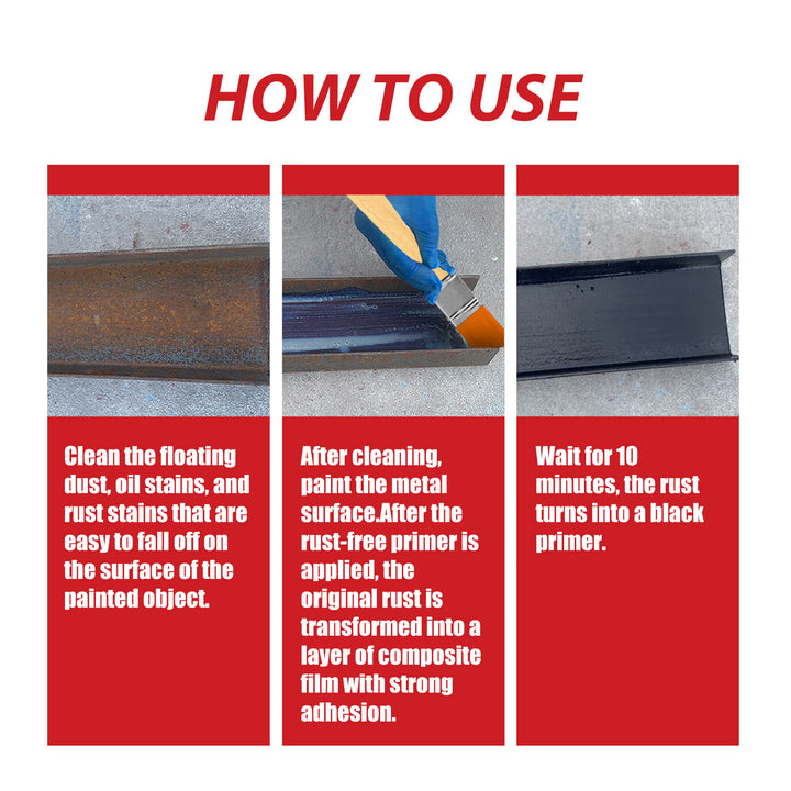 Instructions on how to use rust removal and painting process with text and images. Jaysuing Rust-Free Primer: Anti-Rust Metal Paint 100g Jaysuing Rust-Free Primer (100g) Metal Paint Anti-Rust Radiator Anti-Corrosion Transformation Refurbishment Coating Primer Transformation Agent