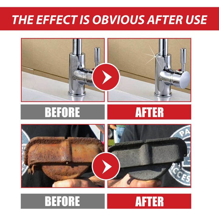 Before and after comparison of a faucet and a rusty metal object with a red banner. Jaysuing Rust-Free Primer: Anti-Rust Metal Paint 100g Jaysuing Rust-Free Primer (100g) Metal Paint Anti-Rust Radiator Anti-Corrosion Transformation Refurbishment Coating Primer Transformation Agent