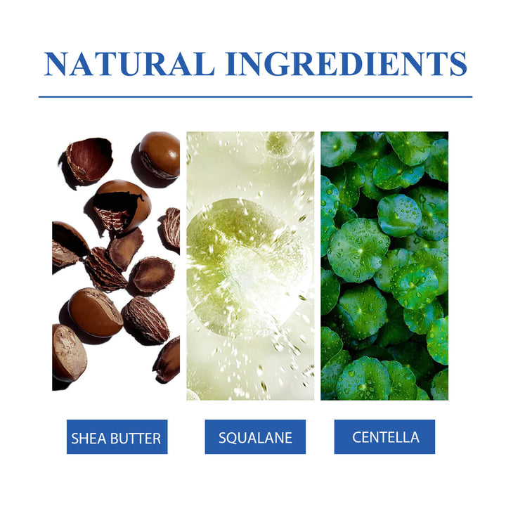 Three natural ingredients with labels: Shea Butter, Squalane, and Centella on a white background. Jaysuing Scar Cream: Lighten, Smooth, and Firm Skin Jaysuing Scar Cream Cream that Lightens Scars Smoothens Skin firms It Up and Aids In Skin Repair