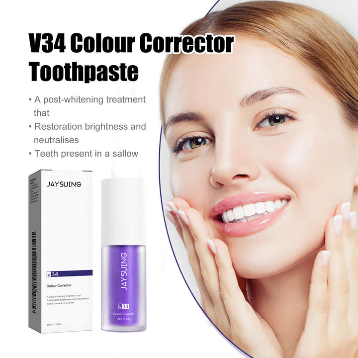 V34 Colour Corrector Toothpaste packaging with a model showing bright white teeth. Jaysuing V34 Purple Toothpaste: Brightening & Odor-Free Jaysuing V34 Purple Toothpaste Eliminates Unpleasant Smells Removes Tooth Discoloration Brightens Teeth and Shields Against Oral Issues