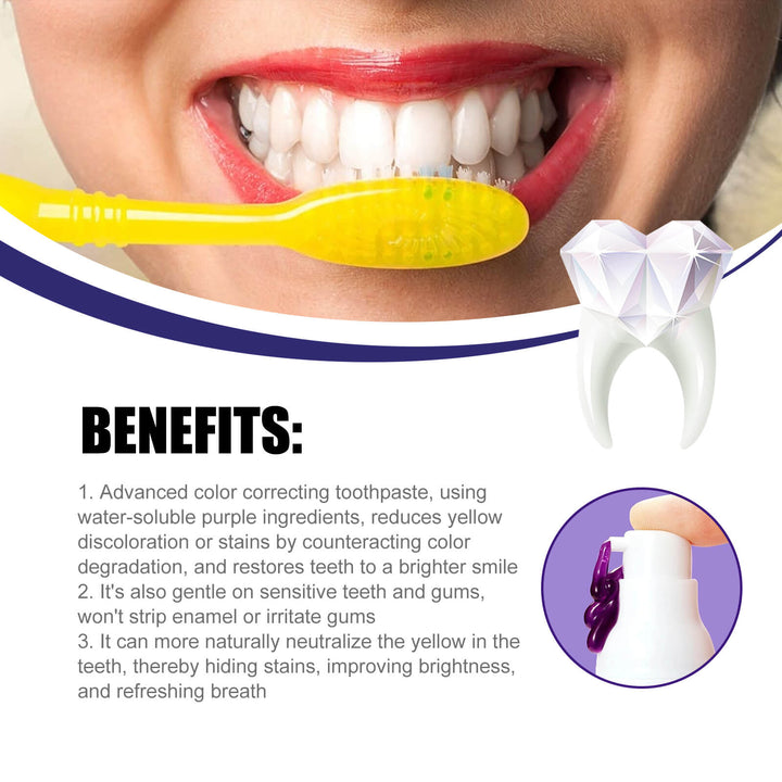 Teeth whitening product with a yellow toothbrush and text about benefits Jaysuing V34 Purple Toothpaste: Brightening & Odor-Free Jaysuing V34 Purple Toothpaste Eliminates Unpleasant Smells Removes Tooth Discoloration Brightens Teeth and Shields Against Oral Issues