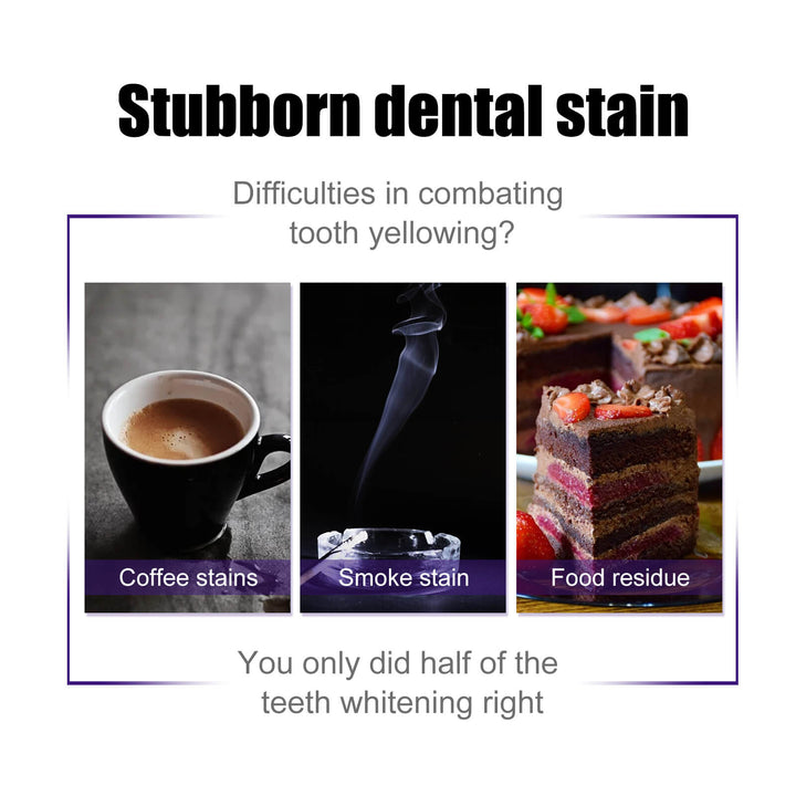 Promotional graphic for teeth whitening with images of coffee, smoke, and food residue. Jaysuing V34 Purple Toothpaste: Brightening & Odor-Free Jaysuing V34 Purple Toothpaste Eliminates Unpleasant Smells Removes Tooth Discoloration Brightens Teeth and Shields Against Oral Issues