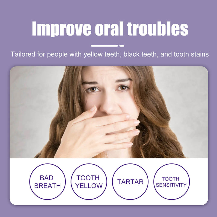 Advertisement for dental care product targeting yellow teeth, black teeth, and tooth stains with a woman covering her mouth. Jaysuing V34 Purple Toothpaste: Brightening & Odor-Free Jaysuing V34 Purple Toothpaste Eliminates Unpleasant Smells Removes Tooth Discoloration Brightens Teeth and Shields Against Oral Issues