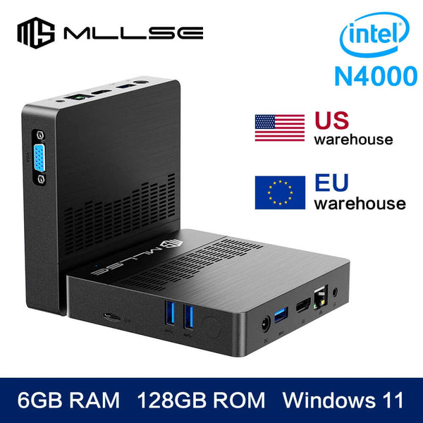 Mini PC with Intel N4000 processor, 6GB RAM, 128GB ROM, and Windows 11 on a white background. MLLSE Mini Computer M2 Air: Intel N4000, Windows 11 MLLSE Mini Computer M2 Air Intel Gemini Lake N4000 Operating System Windows 11 6GB Memory 128GB Storage Dual-Band Wireless Bluetooth USB Compact PC