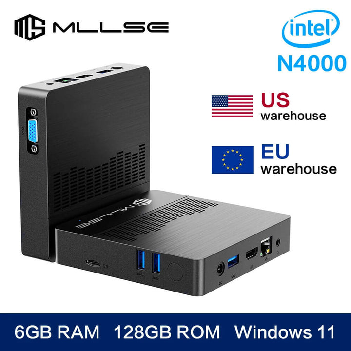 Mini PC with Intel N4000 processor, 6GB RAM, 128GB ROM, and Windows 11 on a white background. MLLSE Mini Computer M2 Air: Intel N4000, Windows 11 MLLSE Mini Computer M2 Air Intel Gemini Lake N4000 Operating System Windows 11 6GB Memory 128GB Storage Dual-Band Wireless Bluetooth USB Compact PC