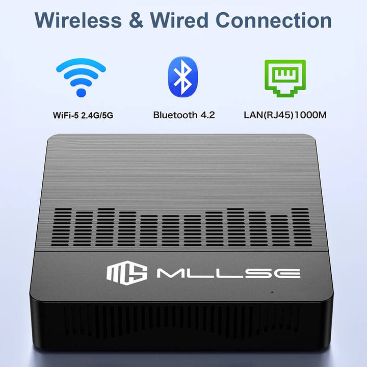 Electronic device with wireless and wired connection icons and MLLSE branding on a light blue background MLLSE Mini Computer M2 Air: Intel N4000, Windows 11 MLLSE Mini Computer M2 Air Intel Gemini Lake N4000 Operating System Windows 11 6GB Memory 128GB Storage Dual-Band Wireless Bluetooth USB Compact PC