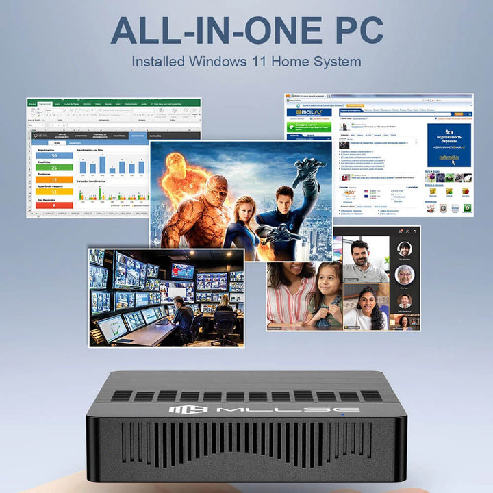 MGE all-in-one PC with Windows 11 Home System displayed on screens MLLSE Mini Computer M2 Air: Intel N4000, Windows 11 MLLSE Mini Computer M2 Air Intel Gemini Lake N4000 Operating System Windows 11 6GB Memory 128GB Storage Dual-Band Wireless Bluetooth USB Compact PC
