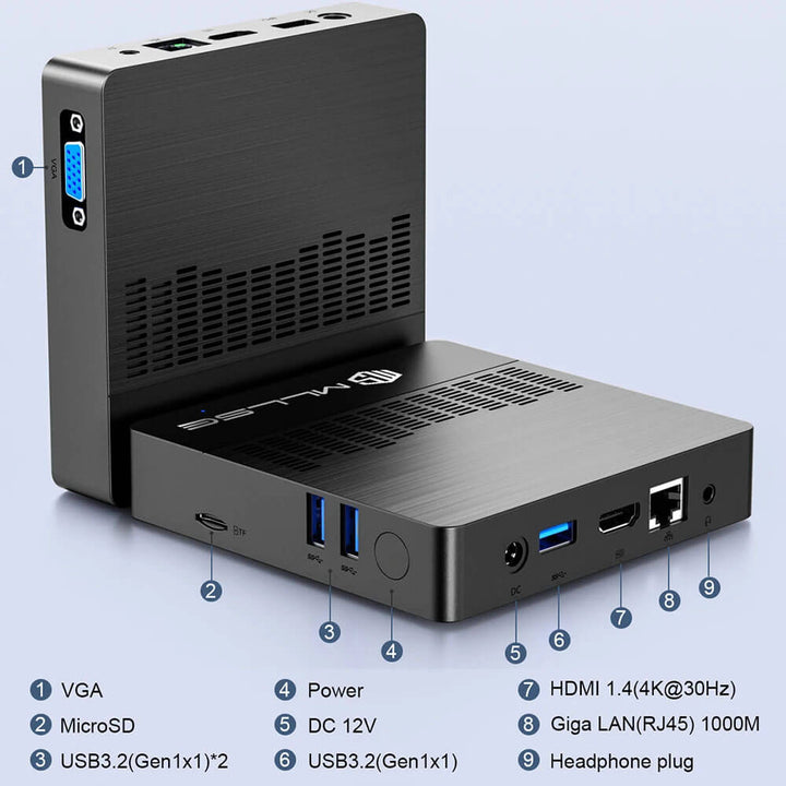 Mini PC with various ports on a light blue background MLLSE Mini Computer M2 Air: Intel N4000, Windows 11 MLLSE Mini Computer M2 Air Intel Gemini Lake N4000 Operating System Windows 11 6GB Memory 128GB Storage Dual-Band Wireless Bluetooth USB Compact PC
