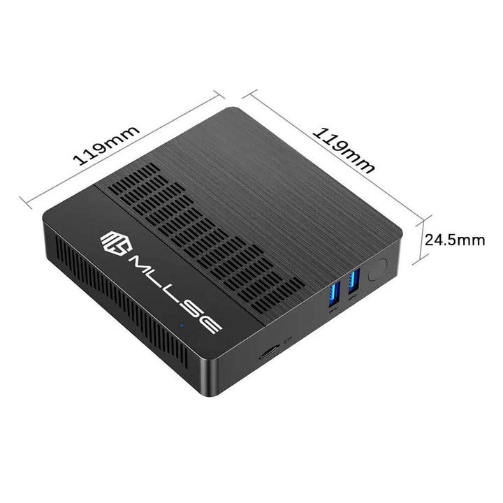 Black computer case with dimensions labeled on a white background MLLSE Mini Computer M2 Air: Intel N4000, Windows 11 MLLSE Mini Computer M2 Air Intel Gemini Lake N4000 Operating System Windows 11 6GB Memory 128GB Storage Dual-Band Wireless Bluetooth USB Compact PC