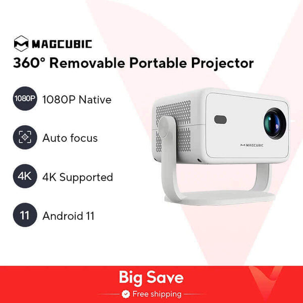 MAGCUBIC 360° Removable Portable Projector with features listed on a white background Magcubic 1080P 650ANSI 4K Projector with WiFi6 Magcubic Native 1080P 650ANSI 4K Android 11 L018 360° Projector Featuring Auto Keystone Correction Air Mouse Wifi6 BT5.2 Compact Outdoor