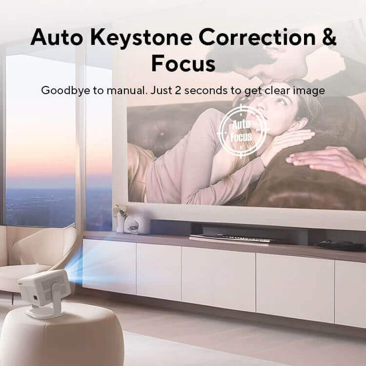 Living room with a large screen displaying a couple, featuring Auto Keystone Correction & Focus technology. Magcubic 1080P 650ANSI 4K Projector with WiFi6 Magcubic Native 1080P 650ANSI 4K Android 11 L018 360° Projector Featuring Auto Keystone Correction Air Mouse Wifi6 BT5.2 Compact Outdoor
