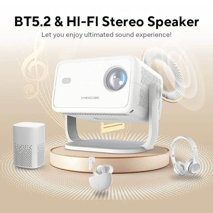 White stereo speaker with Bluetooth 5.2 and Hi-Fi technology on a beige background Magcubic 1080P 650ANSI 4K Projector with WiFi6 Magcubic Native 1080P 650ANSI 4K Android 11 L018 360° Projector Featuring Auto Keystone Correction Air Mouse Wifi6 BT5.2 Compact Outdoor