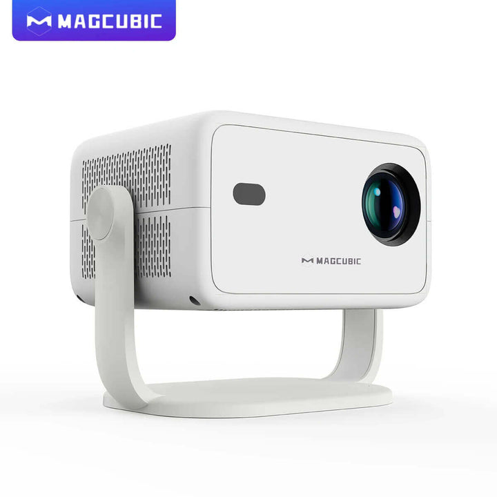 White projector with Magcubic branding on a white background Magcubic 1080P 650ANSI 4K Projector with WiFi6 Magcubic Native 1080P 650ANSI 4K Android 11 L018 360° Projector Featuring Auto Keystone Correction Air Mouse Wifi6 BT5.2 Compact Outdoor