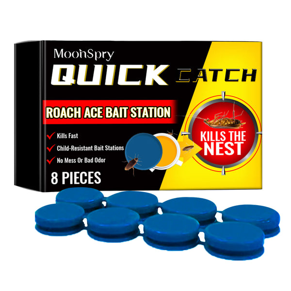 MothSpray Quick Catch roach bait station packaging with blue bait stations on a white background MoonSpry Cockroach Bait for Effective Kitchen Pest Control MoonSpry Cockroach Bait Unit Pest Deterrent Cockroach Bait for Kitchen Household Roach Removal Complete Nest Cleaner