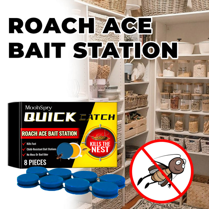 Roach Ace Bait Station packaging with blue capsules in front of a kitchen shelf. MoonSpry Cockroach Bait for Effective Kitchen Pest Control MoonSpry Cockroach Bait Unit Pest Deterrent Cockroach Bait for Kitchen Household Roach Removal Complete Nest Cleaner