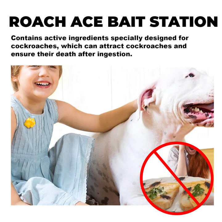 Advertisement for Roach Ace Bait Station with a child and dog, and a no-rotten-food symbol. MoonSpry Cockroach Bait for Effective Kitchen Pest Control MoonSpry Cockroach Bait Unit Pest Deterrent Cockroach Bait for Kitchen Household Roach Removal Complete Nest Cleaner