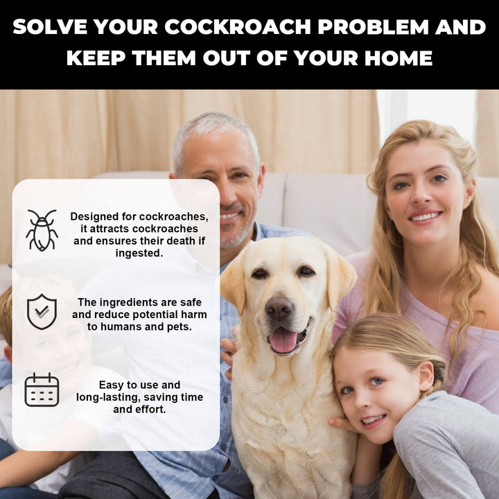 Family with a dog sitting on a couch, promoting cockroach control product. MoonSpry Cockroach Bait for Effective Kitchen Pest Control MoonSpry Cockroach Bait Unit Pest Deterrent Cockroach Bait for Kitchen Household Roach Removal Complete Nest Cleaner