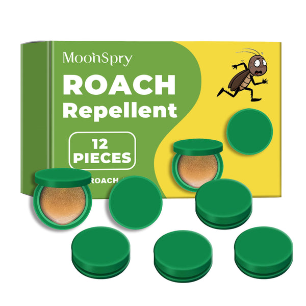 MoonSpry roach repellent packaging with green containers and a cartoon roach on a white background Effective MoonSpry Roach Deterrent for Home & Kitchen MoonSpry Roach Deterrent for Home, Dorm, and Kitchen, Effective in Exterminating and Repelling Cockroaches