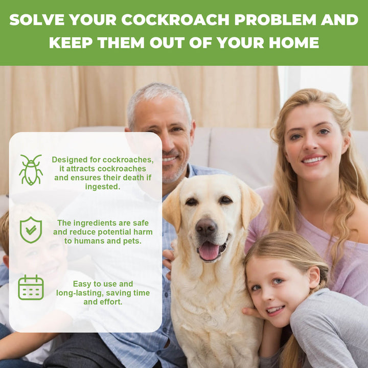 Family with a dog sitting on a couch, promoting cockroach control solution. Effective MoonSpry Roach Deterrent for Home & Kitchen MoonSpry Roach Deterrent for Home, Dorm, and Kitchen, Effective in Exterminating and Repelling Cockroaches