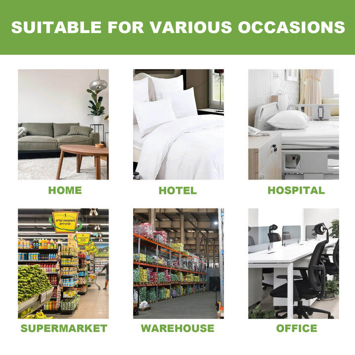 Collage of various settings including home, hotel, hospital, supermarket, warehouse, and office with text 'Suitable for Various Occasions'. Effective MoonSpry Roach Deterrent for Home & Kitchen MoonSpry Roach Deterrent for Home, Dorm, and Kitchen, Effective in Exterminating and Repelling Cockroaches